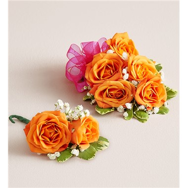 Orange Spray Corsage & Bout-Hot Pink Bow